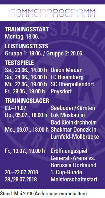 Vorbereitungsplan der Austria im Sommer 2018